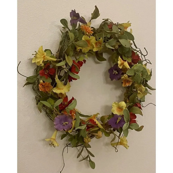 15” Artificial Spring Summer Mixed Flower And Leaves Wreath - Picture 3 of 4